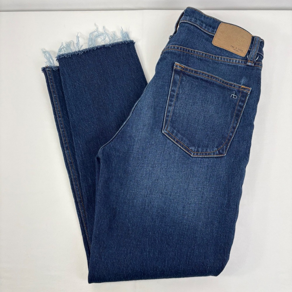 Rag & Bone Wren High-Rise Slim Straight Jeans Ava Dark Wash Raw Hem 27 (28x26.5)